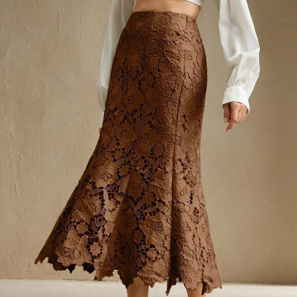 Coffee Brown Elegant Women's Patchwork Design Heavy Lace Hollow-Out Skirt - Picture 5 of 7